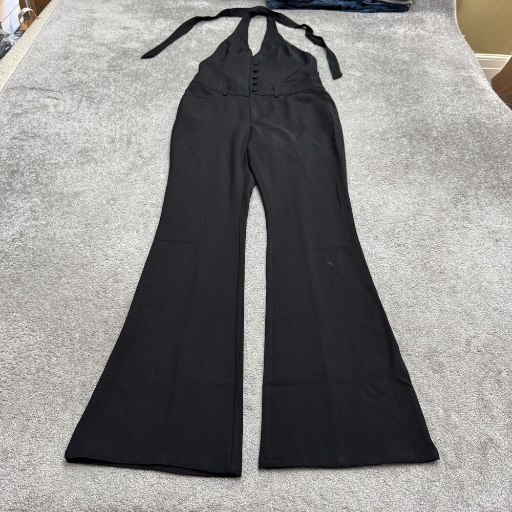 Superdown Tuxedo Vest Bodice Jumpsuit Womens Medium Black Halter Neck Wide Leg